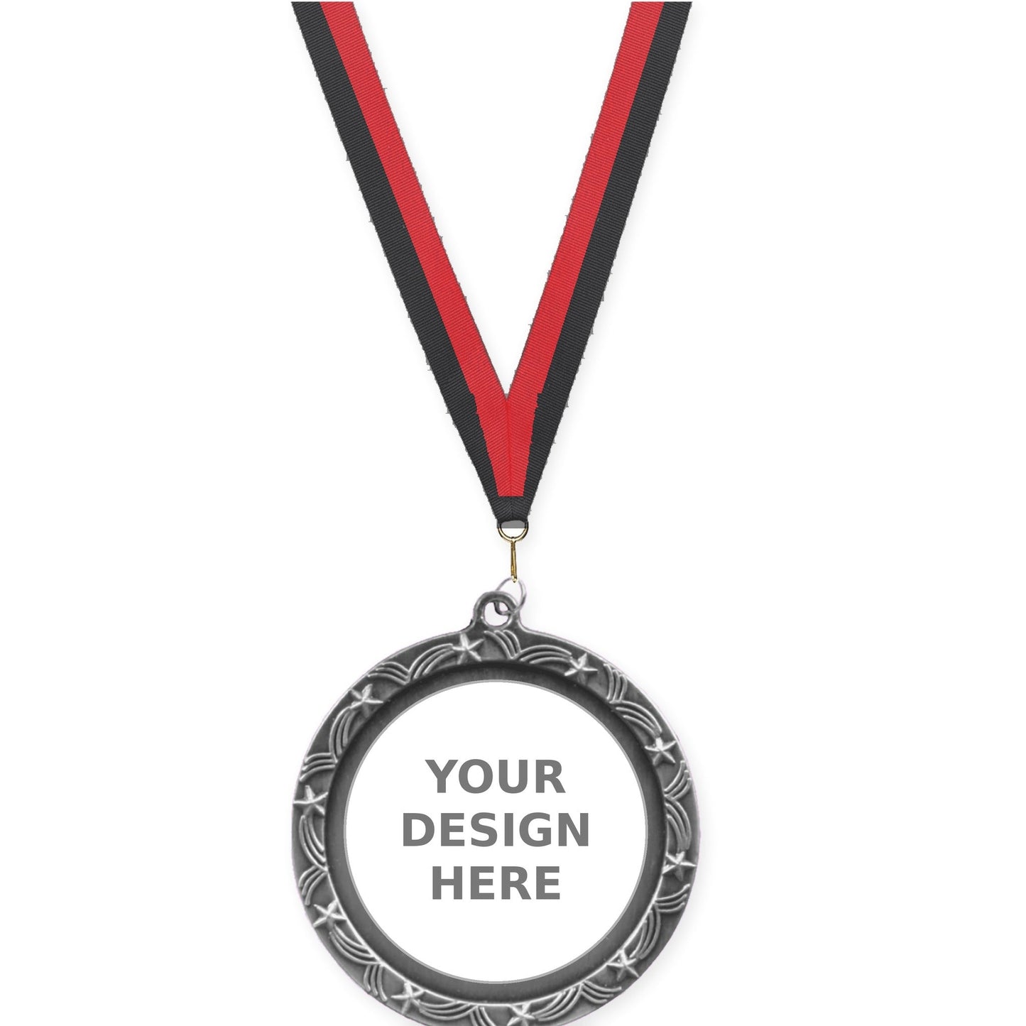 2 1/2 inch Star Halo insert medal in antique silver with Black Red neck ribbon