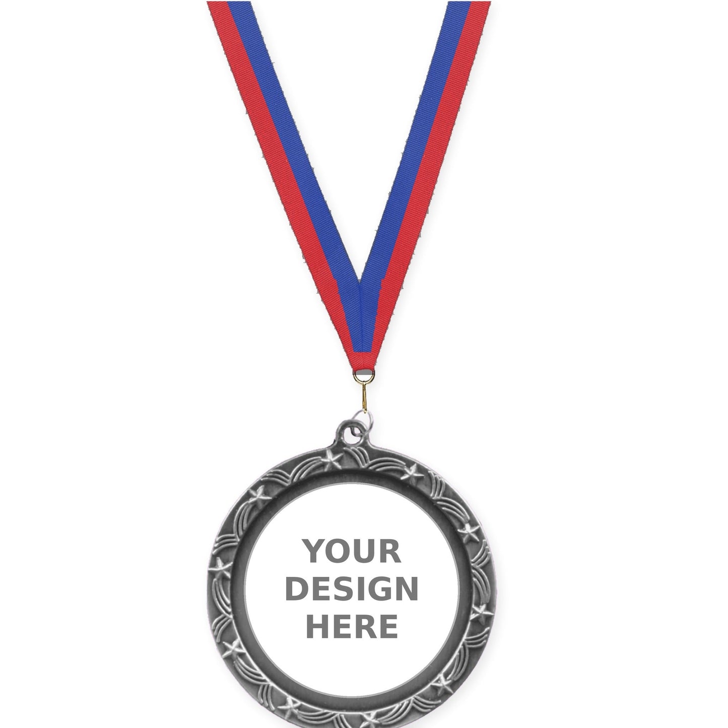 2 1/2 inch Star Halo insert medal in antique silver with Blue Red neck ribbon
