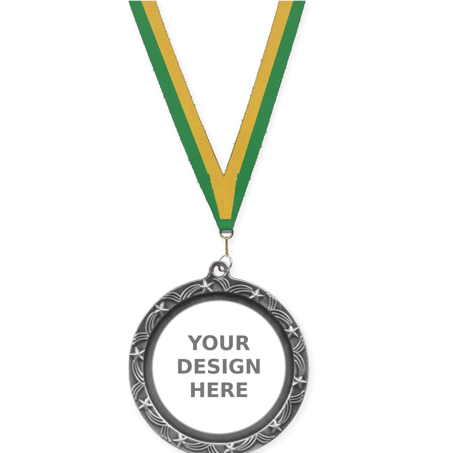 2 1/2 inch Star Halo insert medal in antique silver with Green Gold neck ribbon