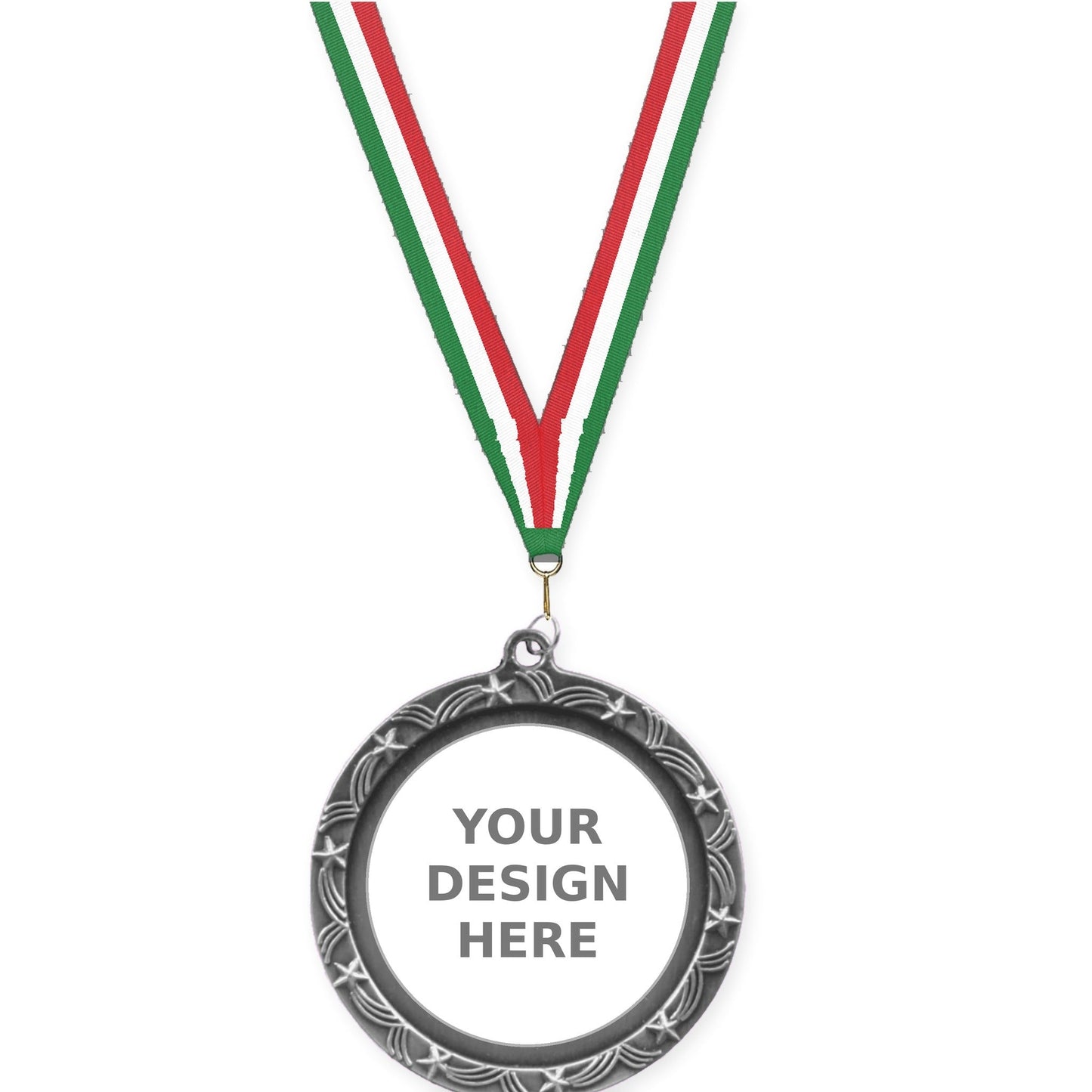 2 1/2 inch Star Halo insert medal in antique silver with Green White Red neck ribbon
