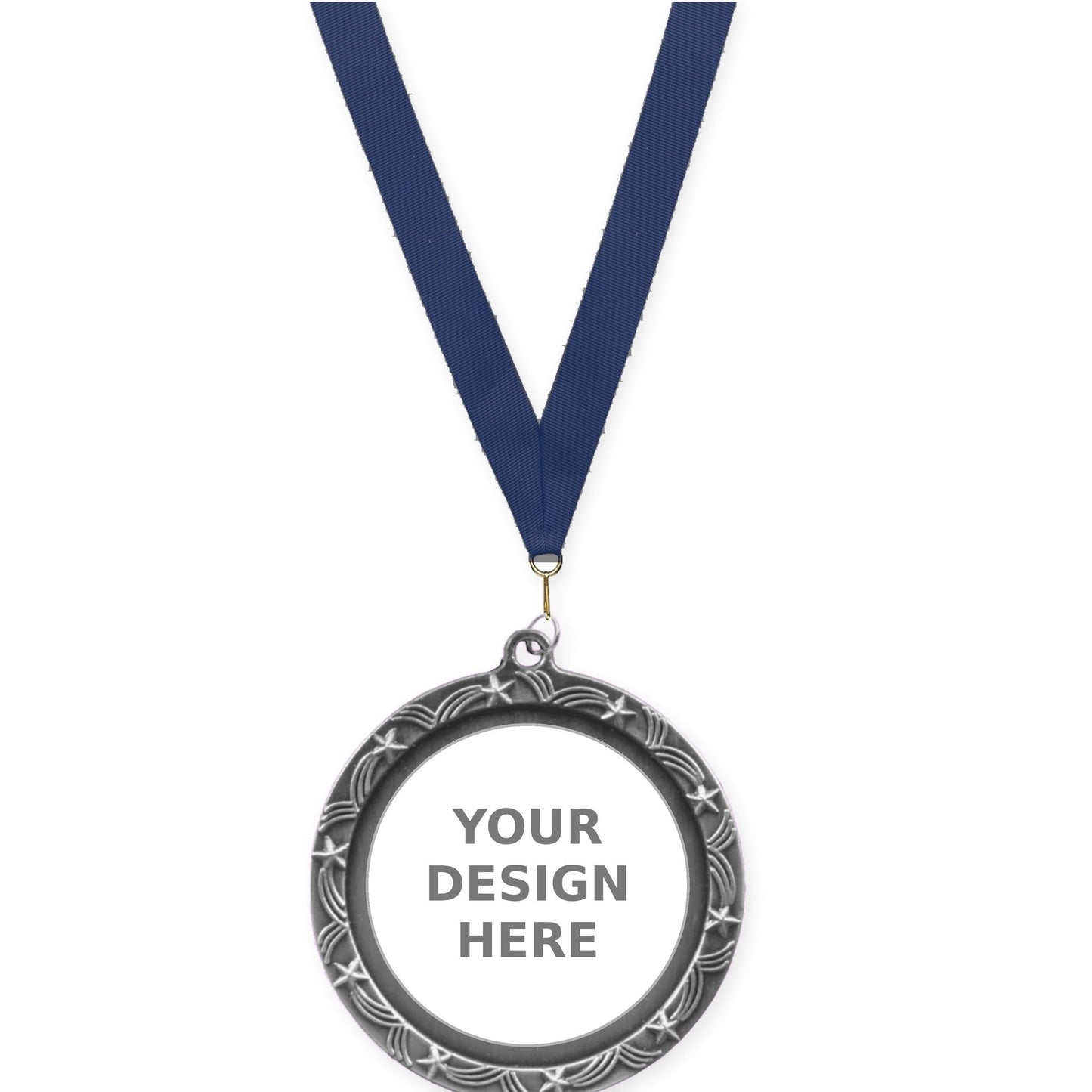 2 1/2 inch Star Halo insert medal in antique silver with Navy neck ribbon