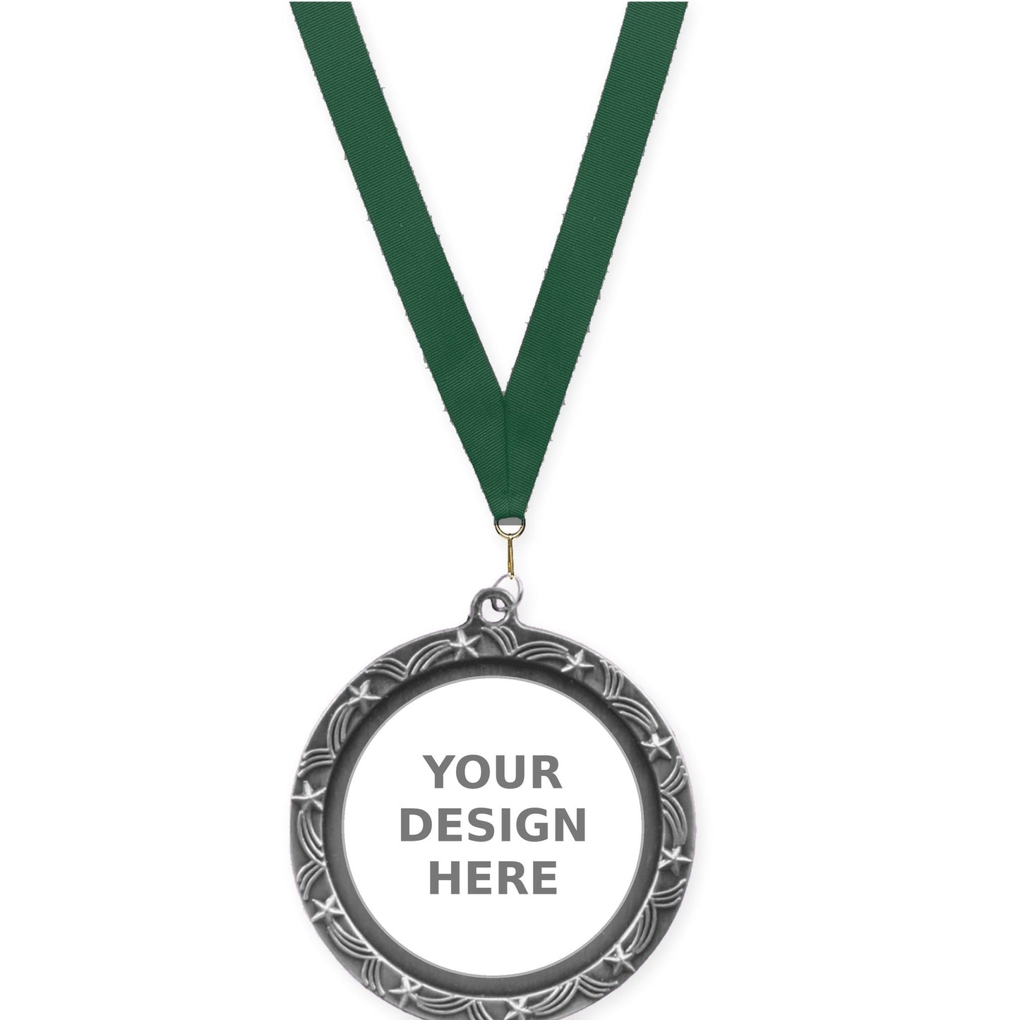 2 1/2 inch Star Halo insert medal in antique silver with Hunter Green neck ribbon