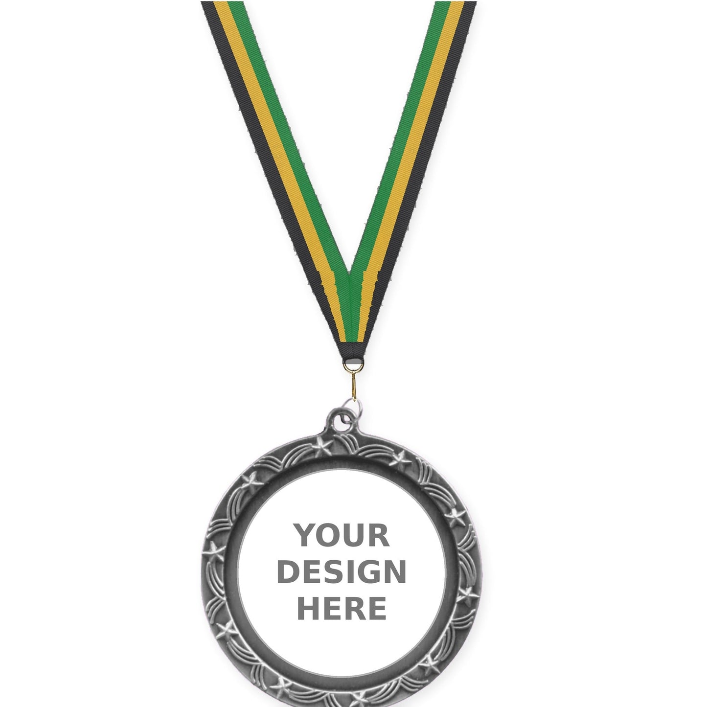 2 1/2 inch Star Halo insert medal in antique silver with Black Gold Green neck ribbon