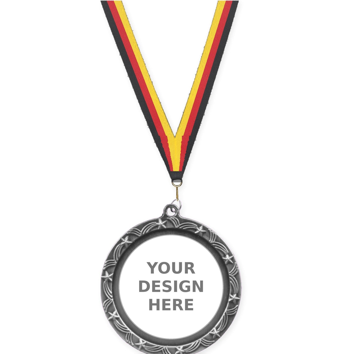 2 1/2 inch Star Halo insert medal in antique silver with Black Red Yellow neck ribbon