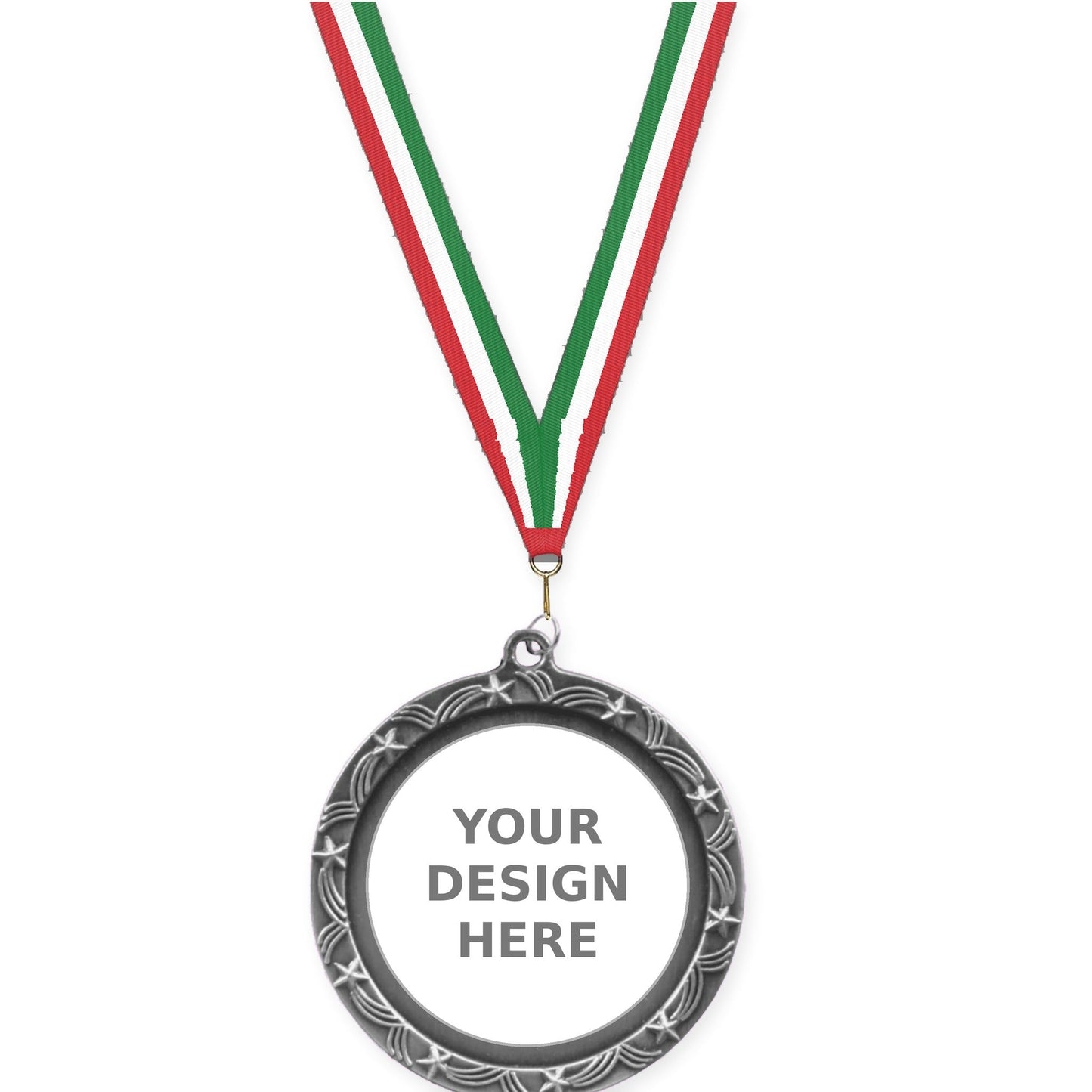2 1/2 inch Star Halo insert medal in antique silver with Red White Green neck ribbon