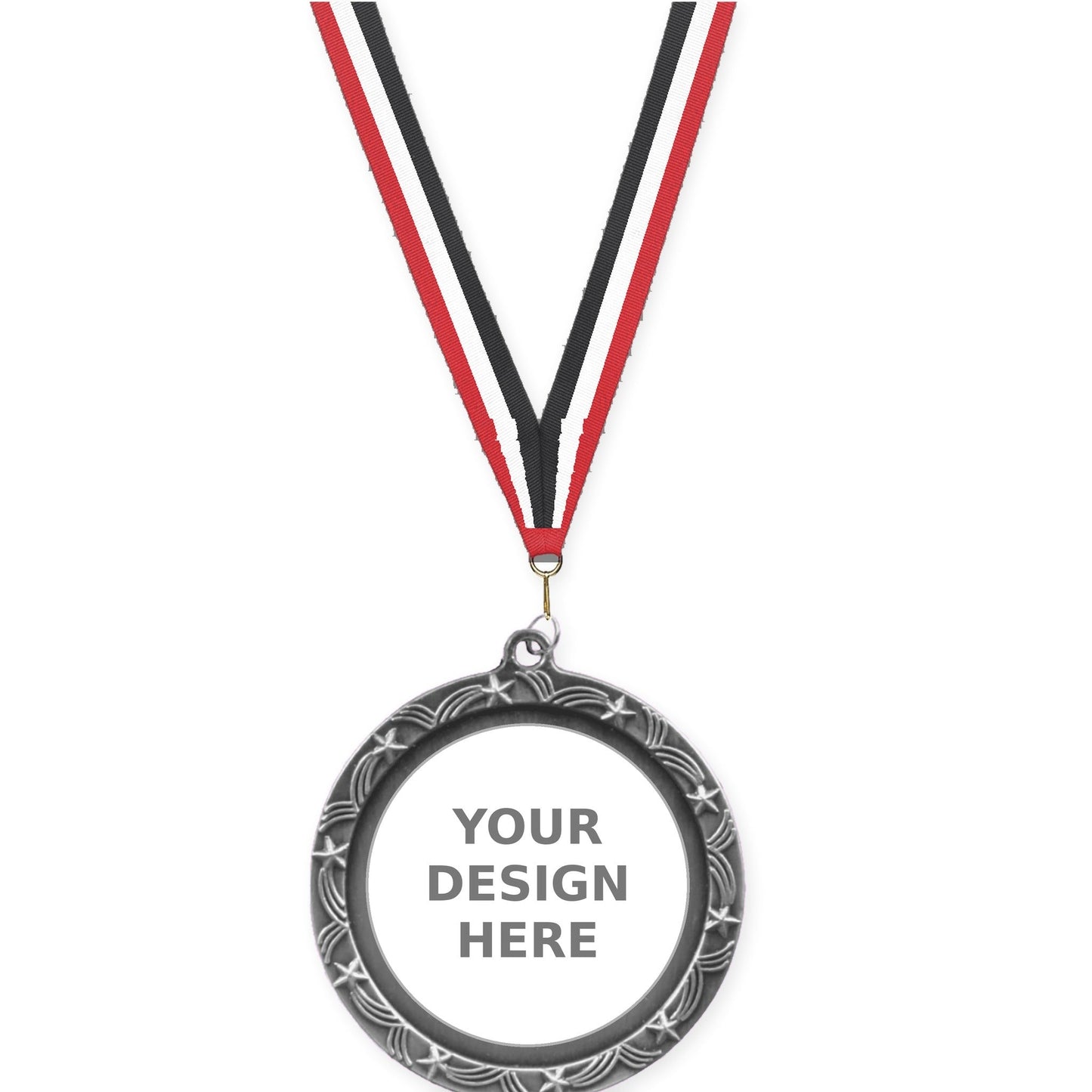 2 1/2 inch Star Halo insert medal in antique silver with Red White Black neck ribbon