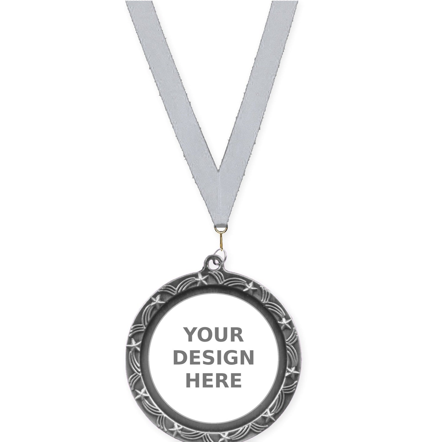 2 1/2 inch Star Halo insert medal in antique silver with Silver Metallic neck ribbon