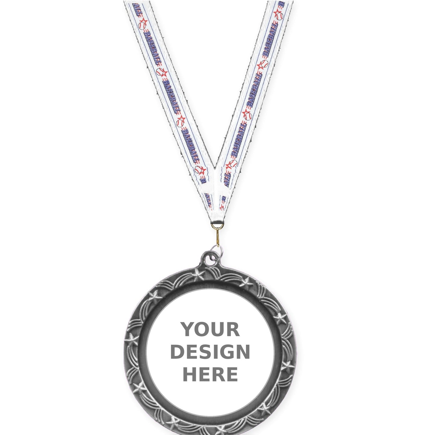 2 1/2 inch Star Halo insert medal in antique silver with Baseball neck ribbon