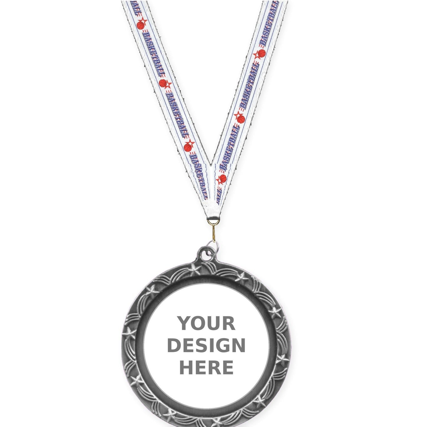 2 1/2 inch Star Halo insert medal in antique silver with Basketball neck ribbon