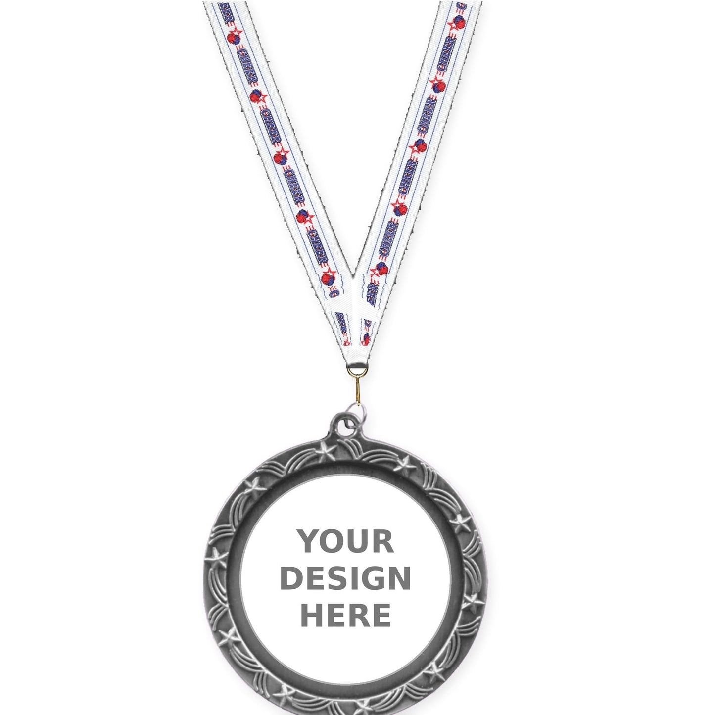 2 1/2 inch Star Halo insert medal in antique silver with Cheerleading neck ribbon
