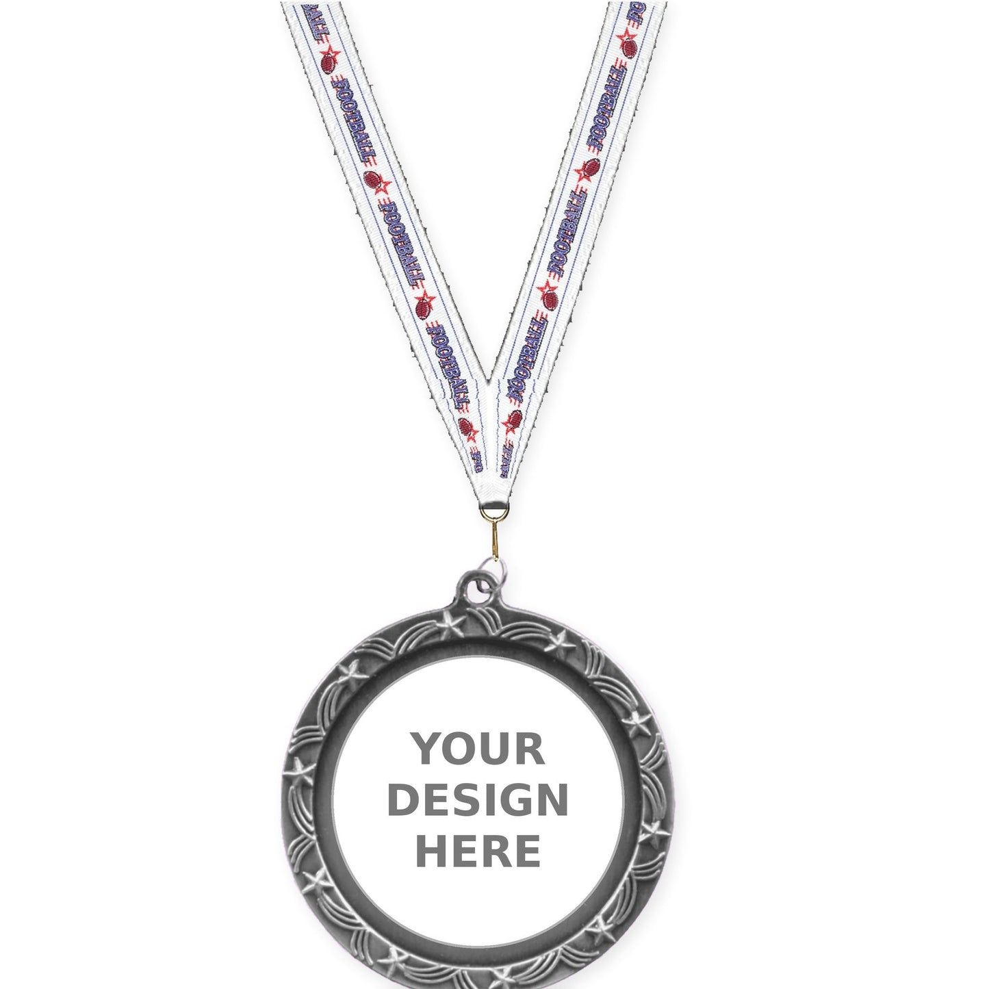 2 1/2 inch Star Halo insert medal in antique silver with Football neck ribbon