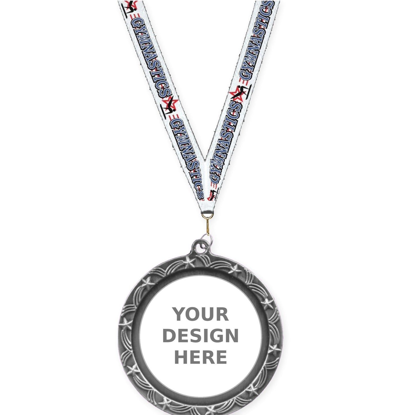 2 1/2 inch Star Halo insert medal in antique silver with Gymnastics neck ribbon
