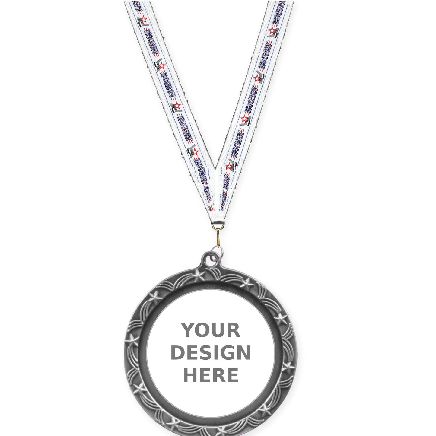 2 1/2 inch Star Halo insert medal in antique silver with Hockey neck ribbon