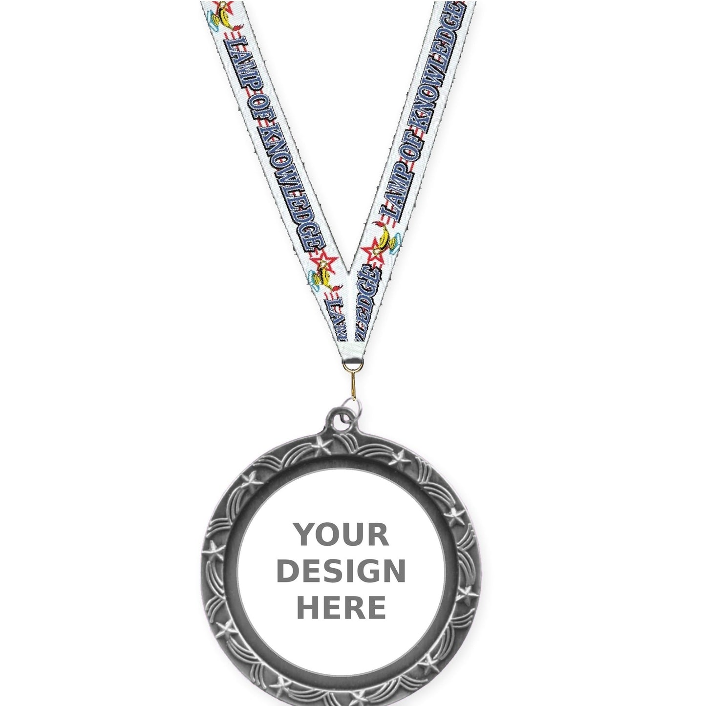 2 1/2 inch Star Halo insert medal in antique silver with Lamp Of Knowledge neck ribbon