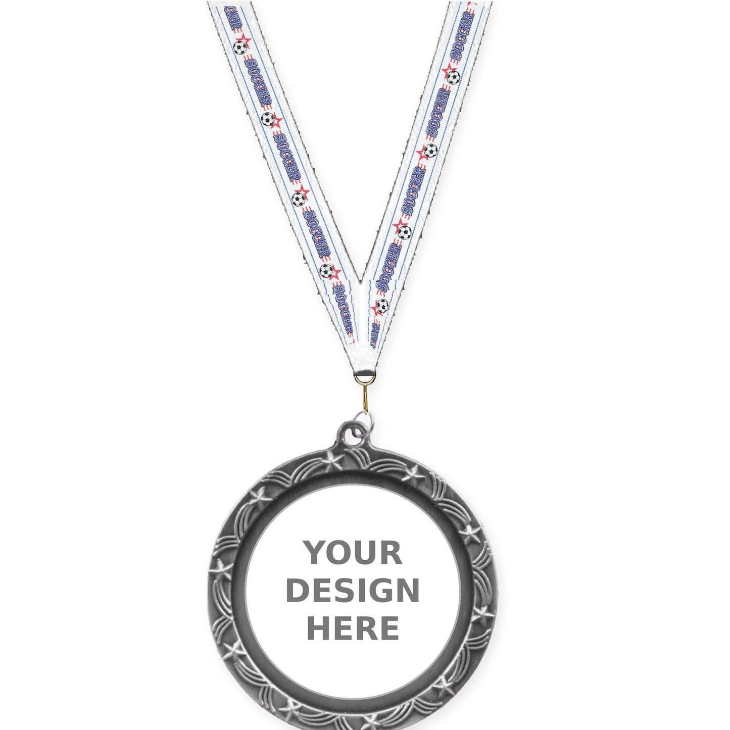 2 1/2 inch Star Halo insert medal in antique silver with Soccer neck ribbon