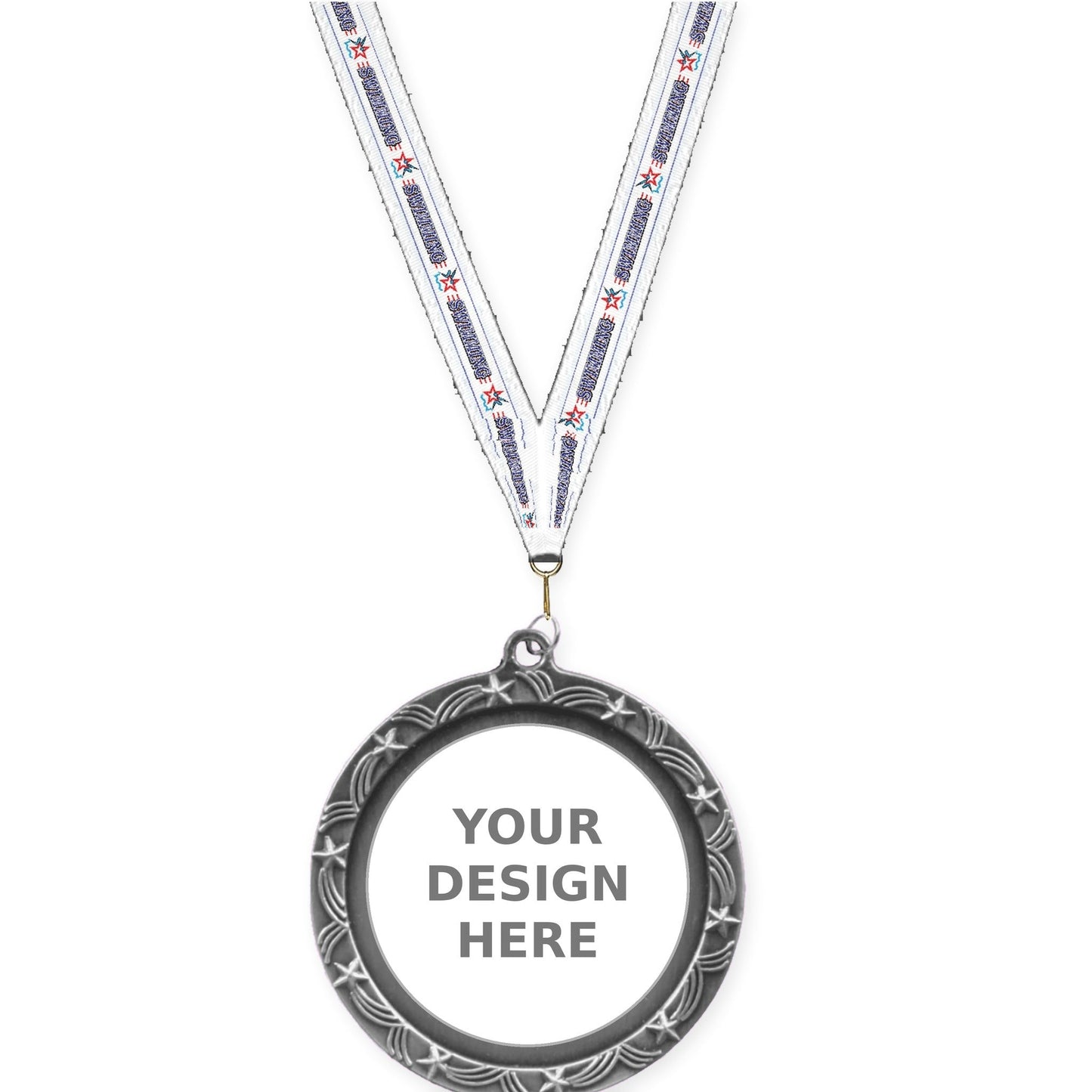 2 1/2 inch Star Halo insert medal in antique silver with Swimming neck ribbon