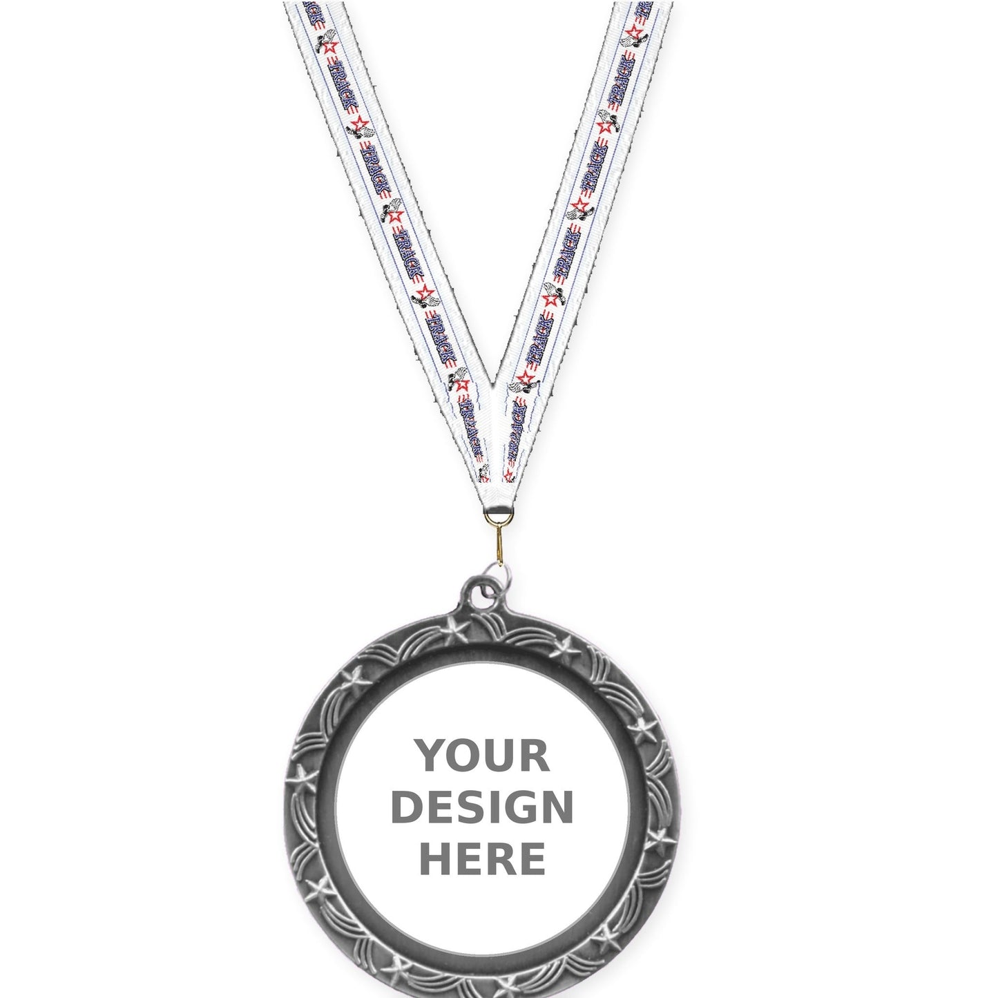 2 1/2 inch Star Halo insert medal in antique silver with Track neck ribbon