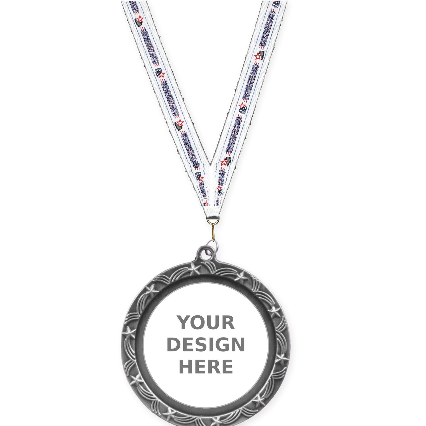 2 1/2 inch Star Halo insert medal in antique silver with Wrestling neck ribbon