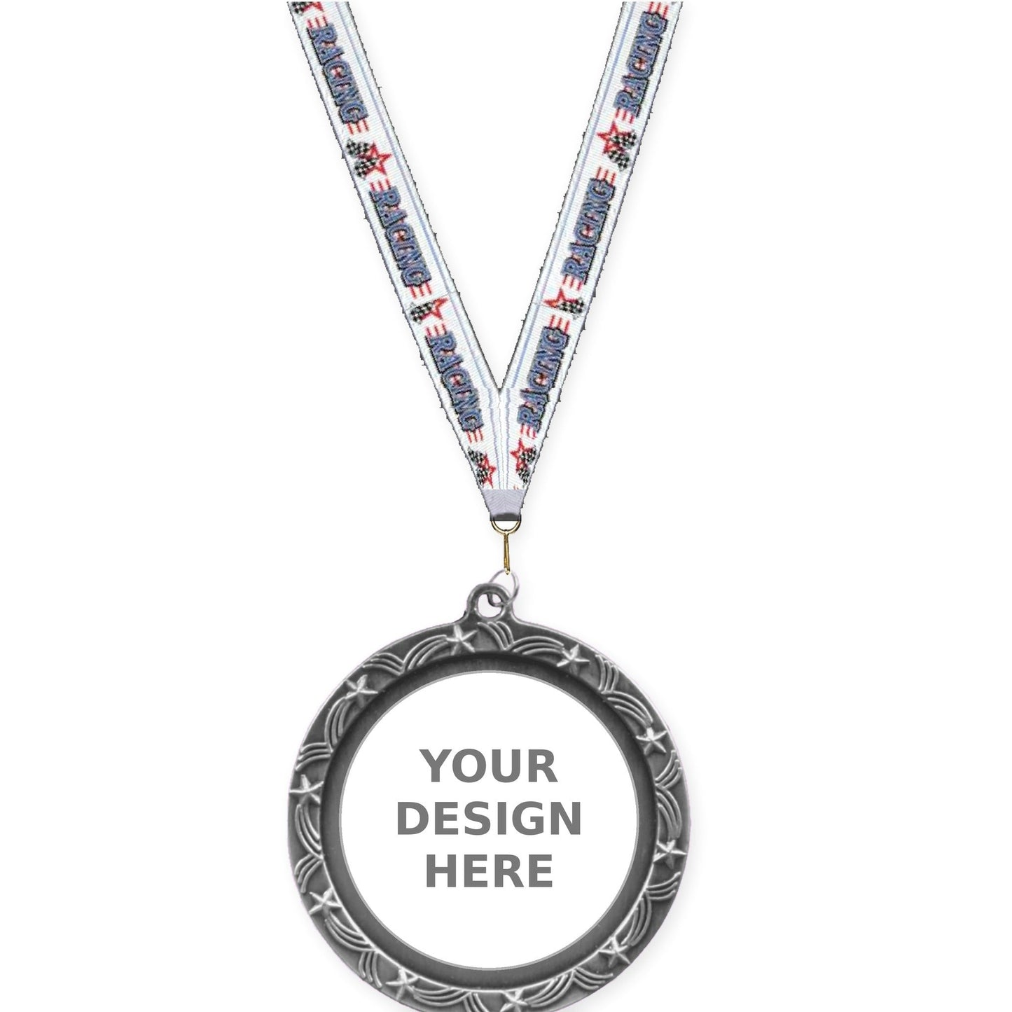 2 1/2 inch Star Halo insert medal in antique silver with Auto Racing neck ribbon