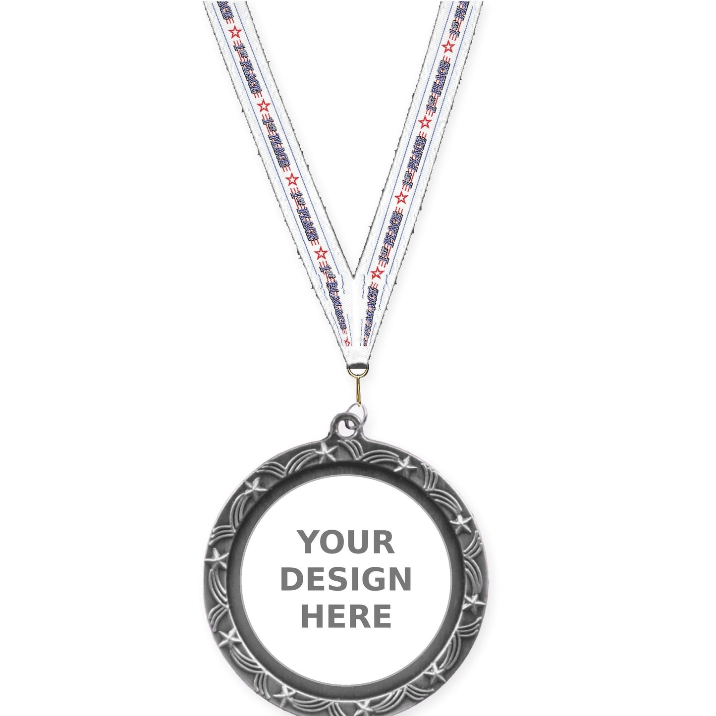 2 1/2 inch Star Halo insert medal in antique silver with 1st Place neck ribbon