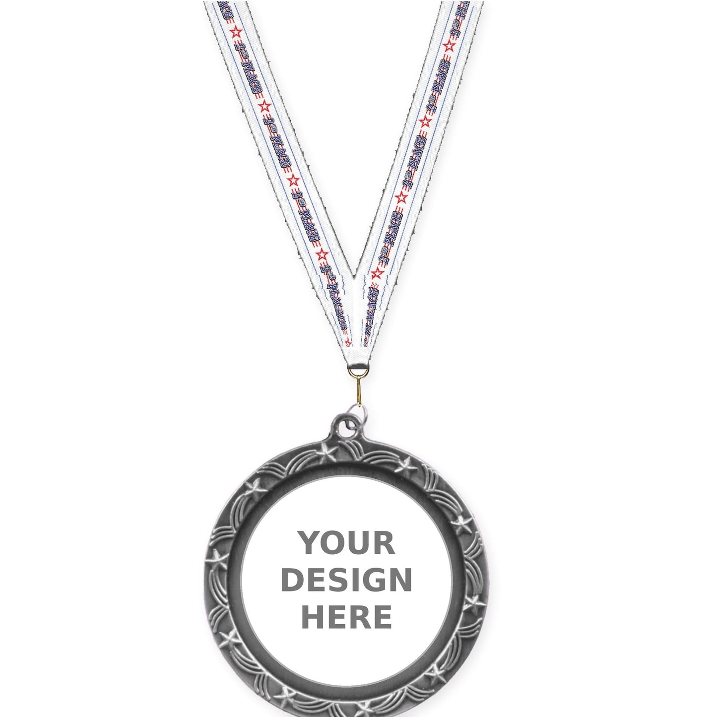 2 1/2 inch Star Halo insert medal in antique silver with 2nd Place neck ribbon