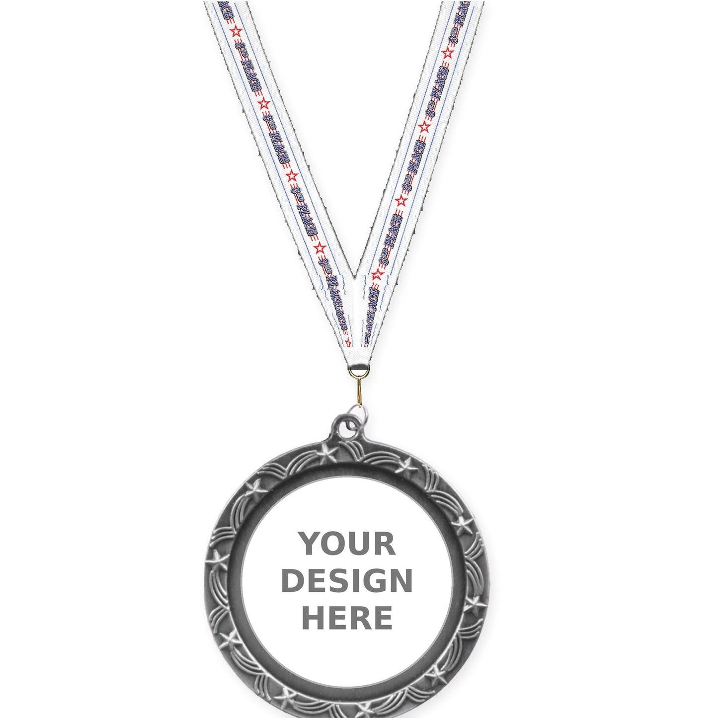2 1/2 inch Star Halo insert medal in antique silver with 3rd Place neck ribbon