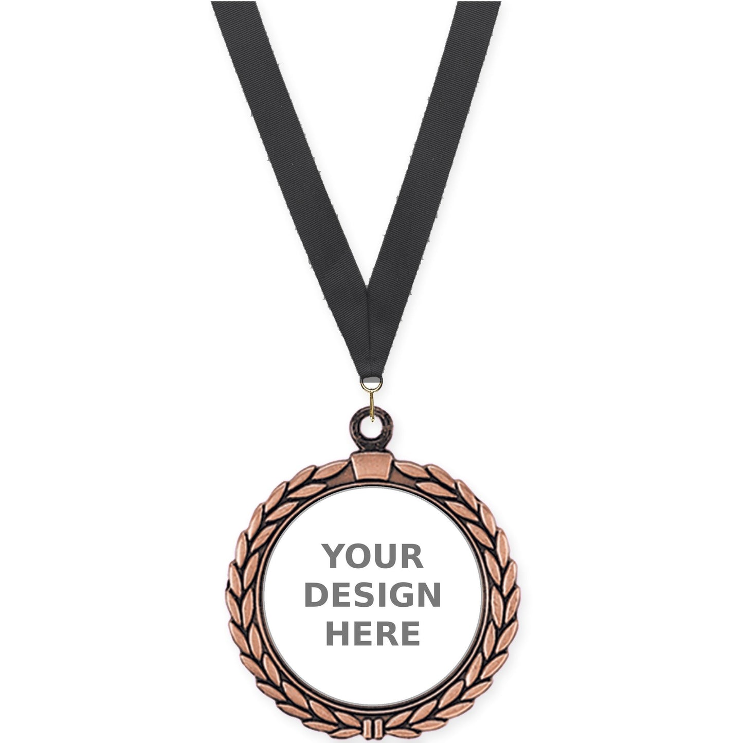 2 1/2 inch Laurel Wreath insert medal in antique bronze with Black neck ribbon