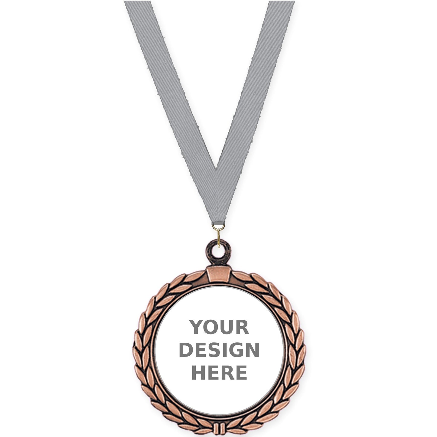 2 1/2 inch Laurel Wreath insert medal in antique bronze with Gray neck ribbon