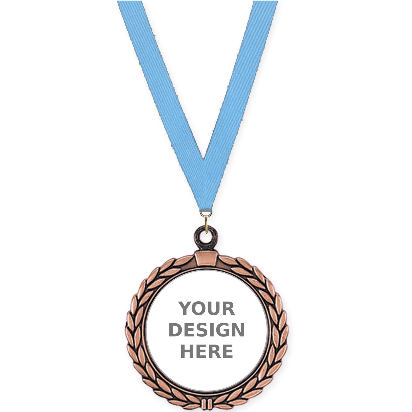 2 1/2 inch Laurel Wreath insert medal in antique bronze with Light Blue neck ribbon