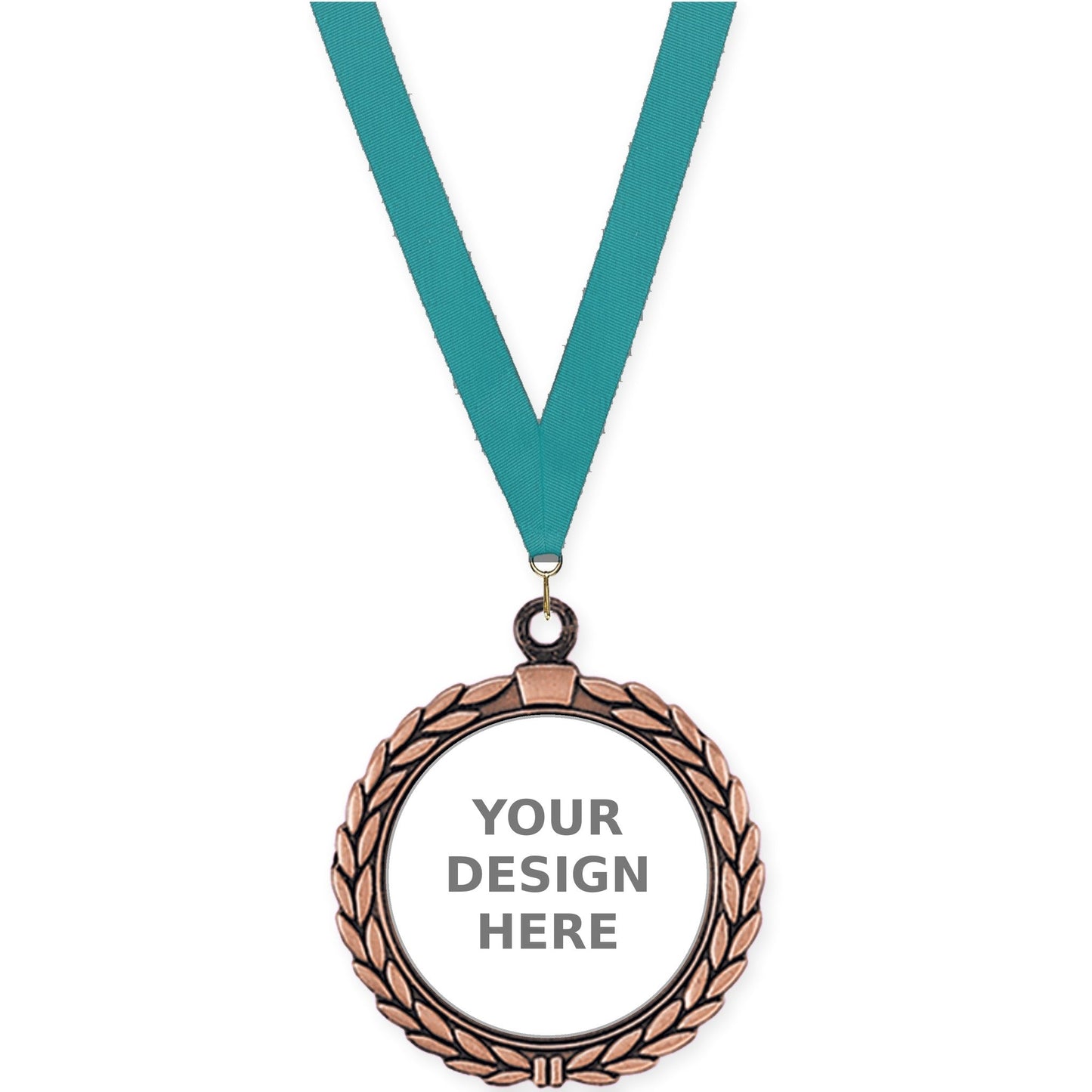 2 1/2 inch Laurel Wreath insert medal in antique bronze with Teal neck ribbon