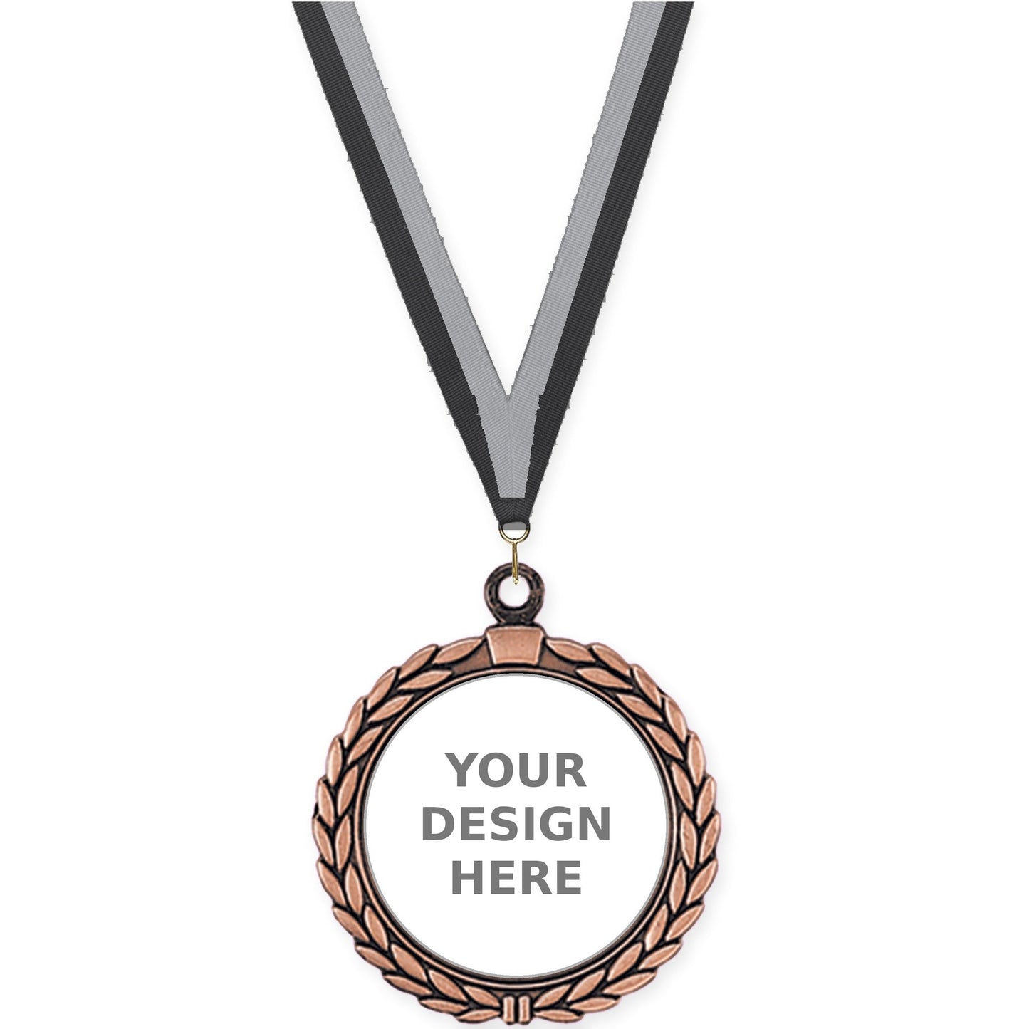 2 1/2 inch Laurel Wreath insert medal in antique bronze with Black Gray neck ribbon