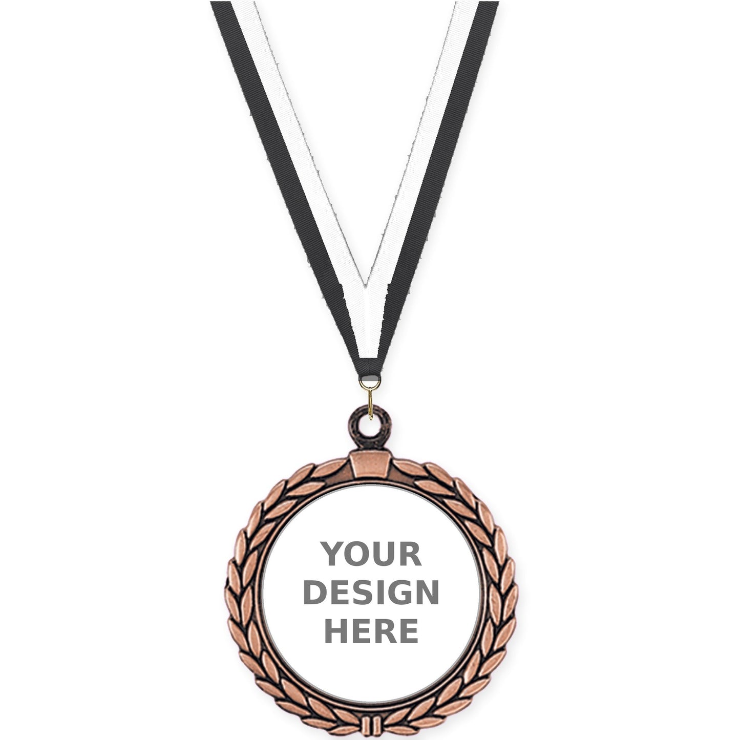 2 1/2 inch Laurel Wreath insert medal in antique bronze with Black White neck ribbon