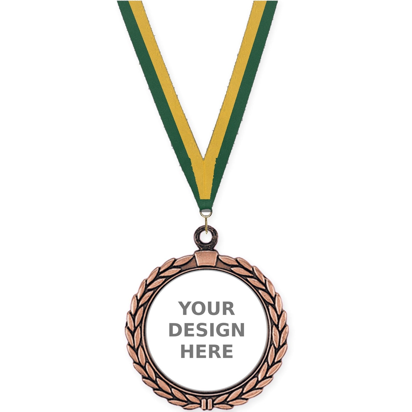 2 1/2 inch Laurel Wreath insert medal in antique bronze with Hunter Green Gold neck ribbon