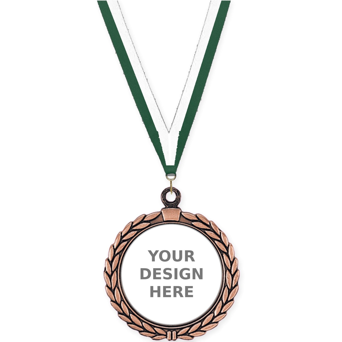 2 1/2 inch Laurel Wreath insert medal in antique bronze with Hunter Green White neck ribbon
