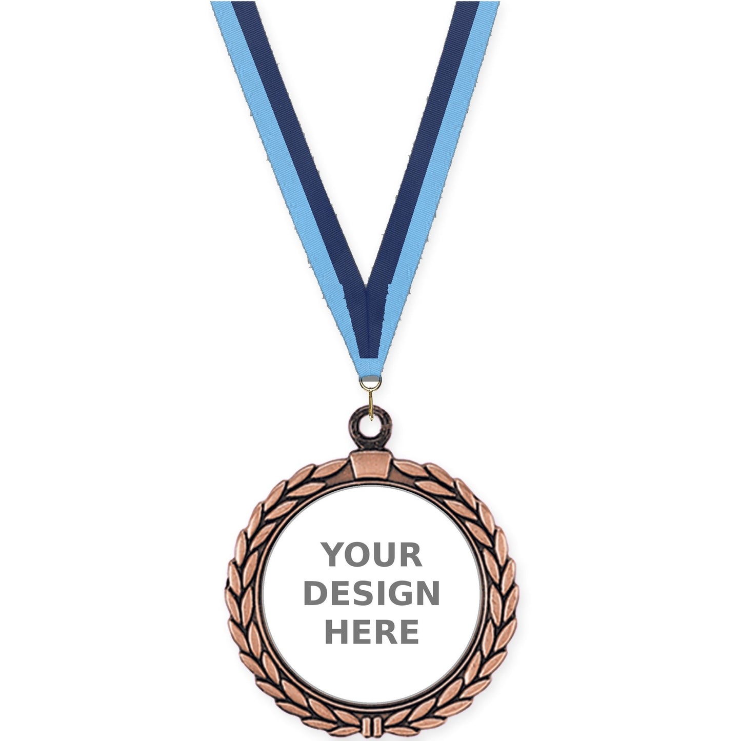 2 1/2 inch Laurel Wreath insert medal in antique bronze with Light Blue Navy neck ribbon