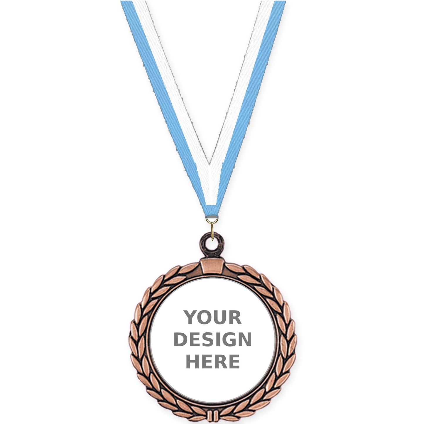 2 1/2 inch Laurel Wreath insert medal in antique bronze with Light Blue White neck ribbon