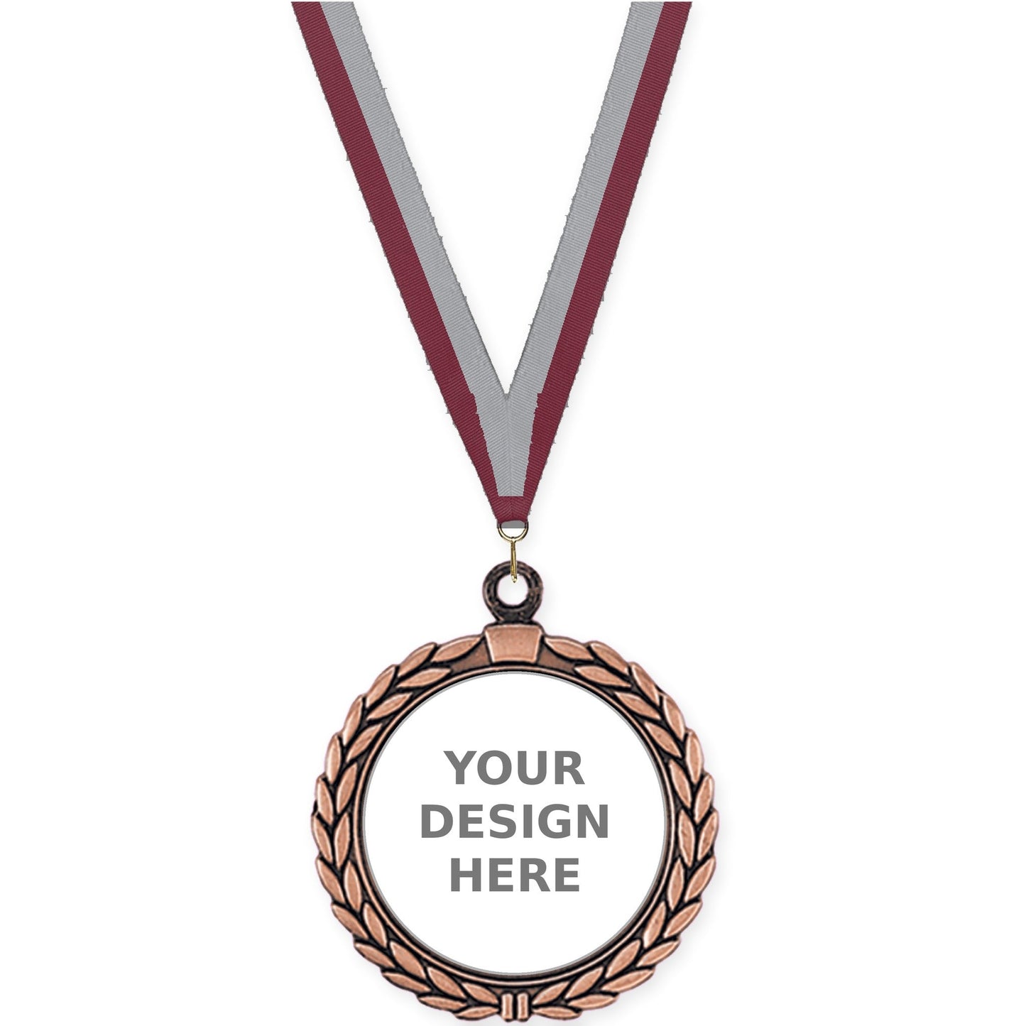 2 1/2 inch Laurel Wreath insert medal in antique bronze with Maroon Gray neck ribbon