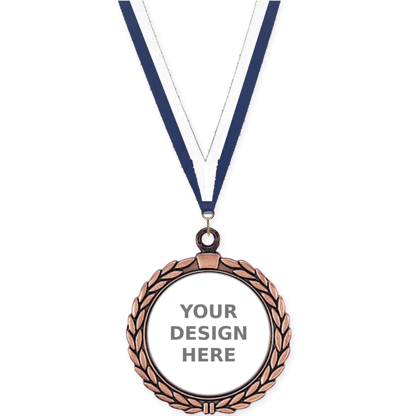 2 1/2 inch Laurel Wreath insert medal in antique bronze with Navy White neck ribbon