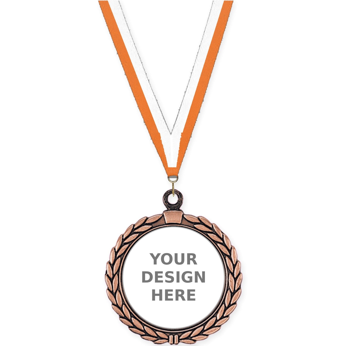 2 1/2 inch Laurel Wreath insert medal in antique bronze with Orange White neck ribbon