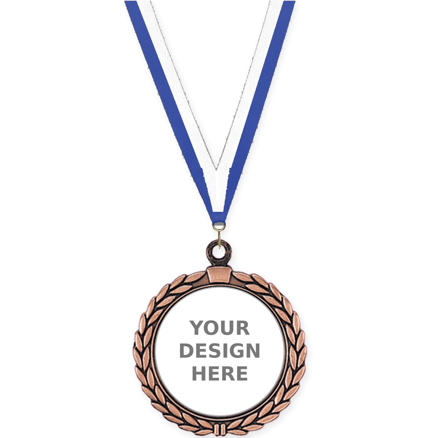 2 1/2 inch Laurel Wreath insert medal in antique bronze with Blue White neck ribbon