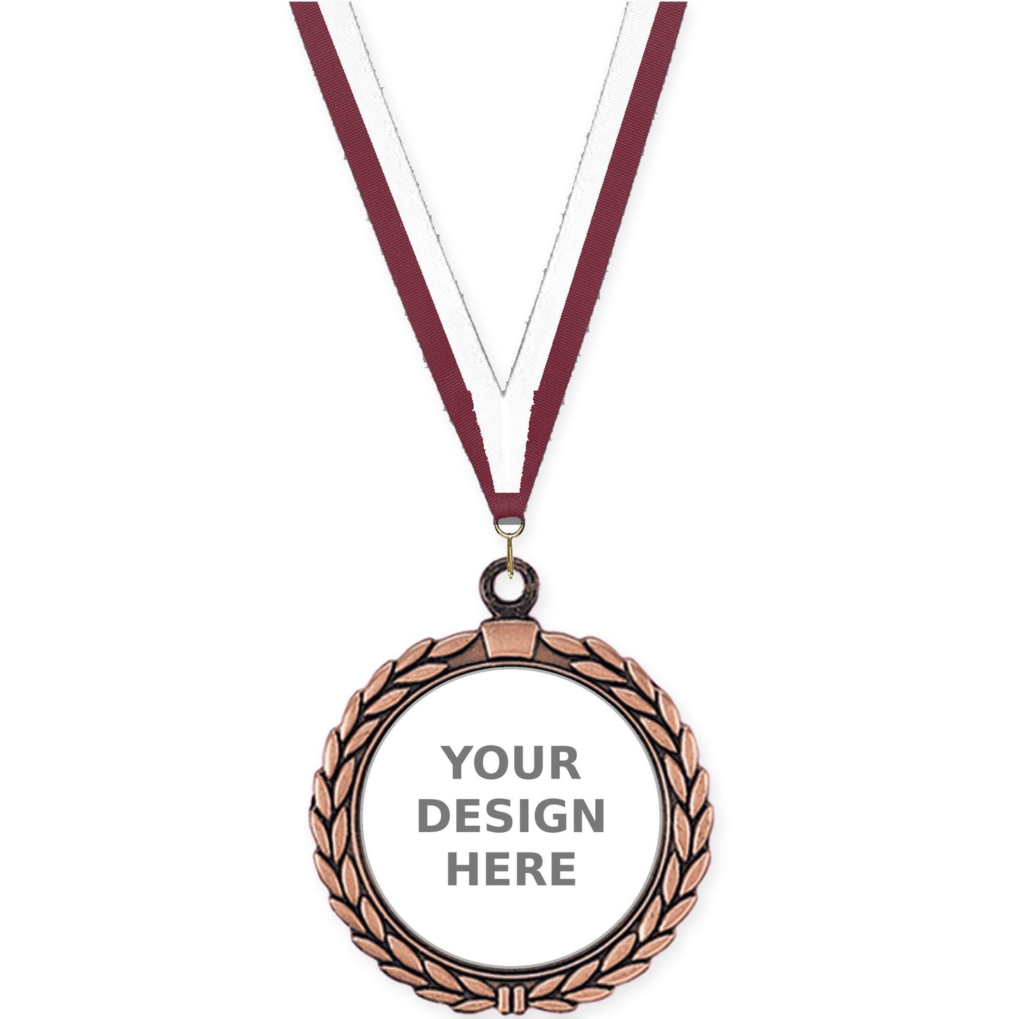2 1/2 inch Laurel Wreath insert medal in antique bronze with Maroon White neck ribbon