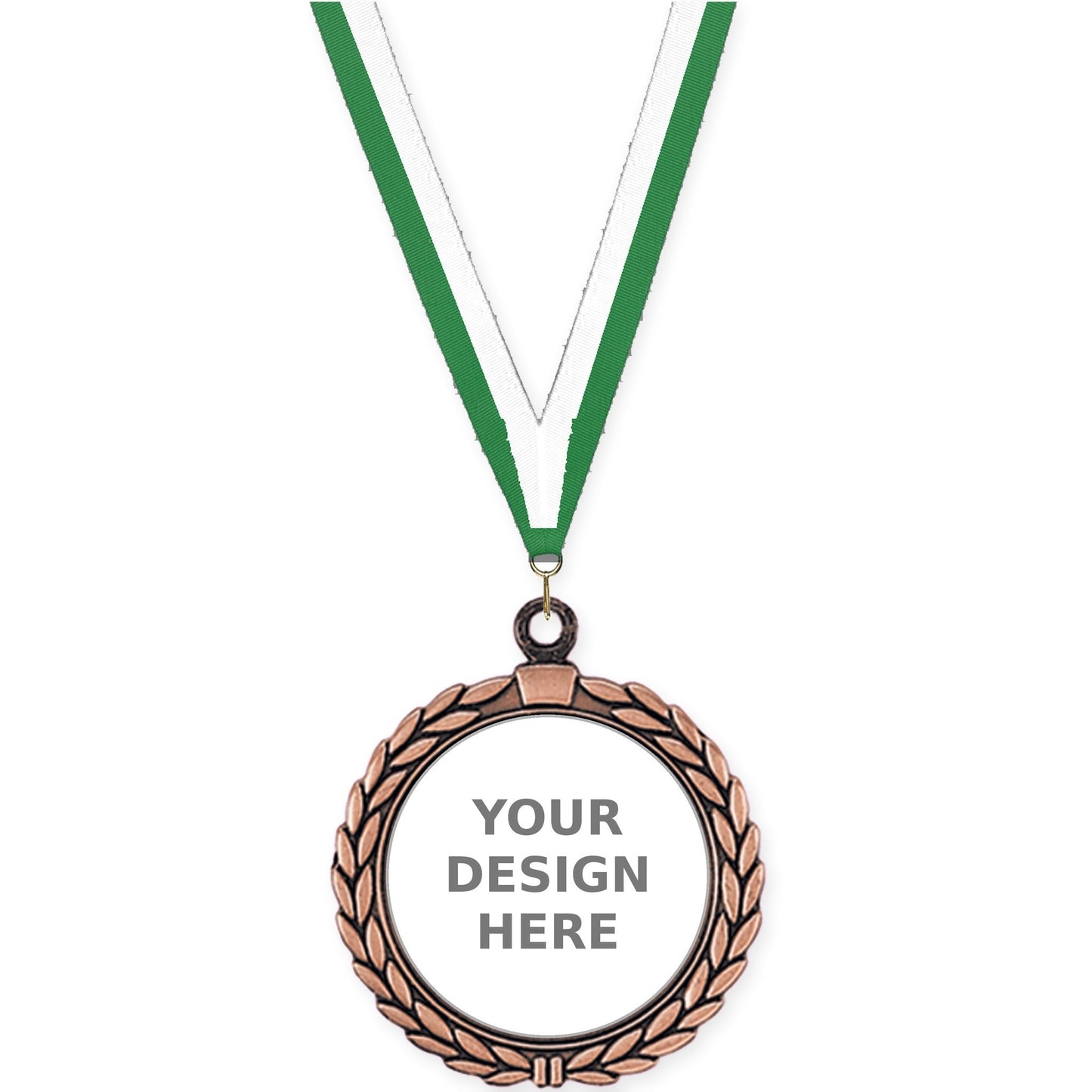 2 1/2 inch Laurel Wreath insert medal in antique bronze with Green White neck ribbon
