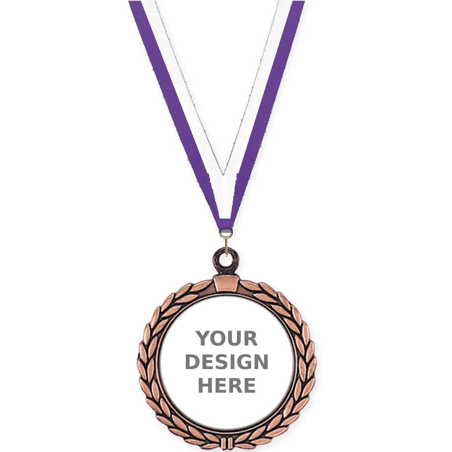2 1/2 inch Laurel Wreath insert medal in antique bronze with Purple White neck ribbon