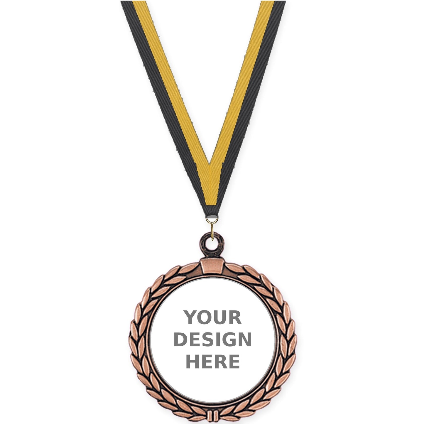2 1/2 inch Laurel Wreath insert medal in antique bronze with Black Gold neck ribbon