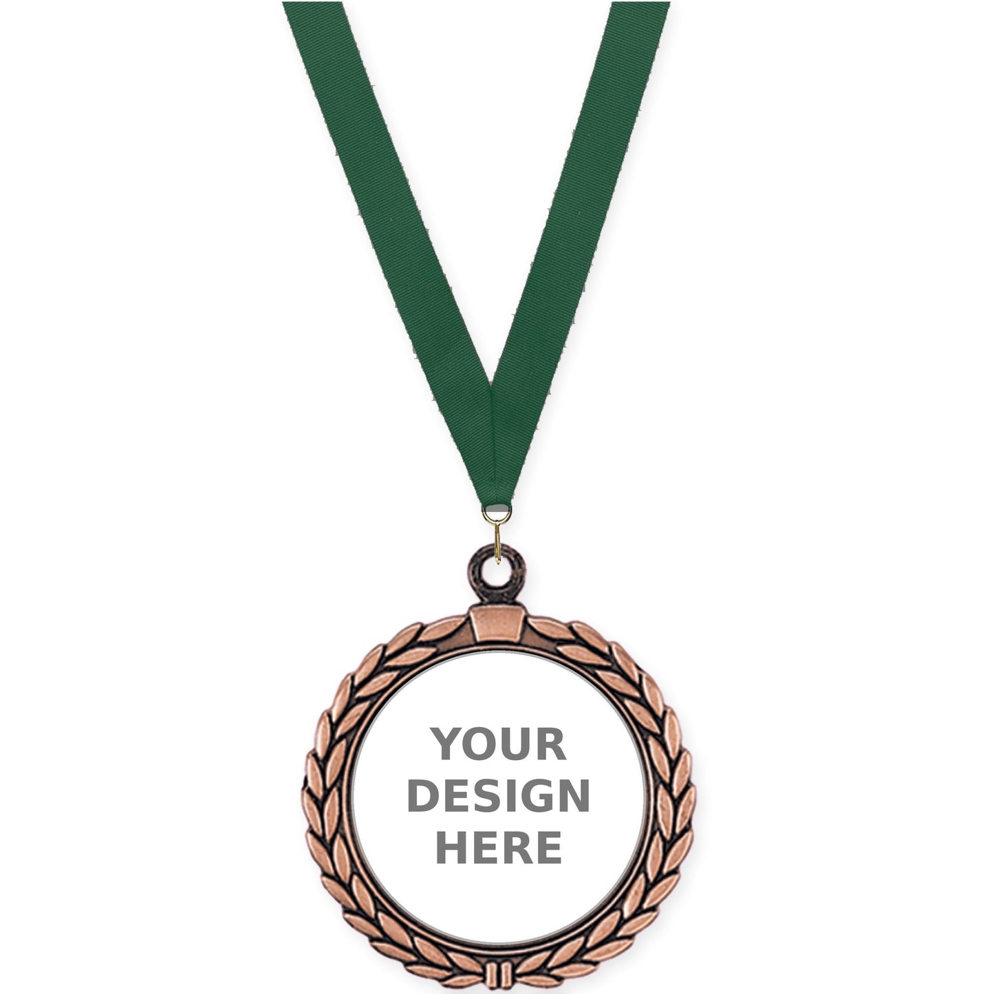 2 1/2 inch Laurel Wreath insert medal in antique bronze with Hunter Green neck ribbon