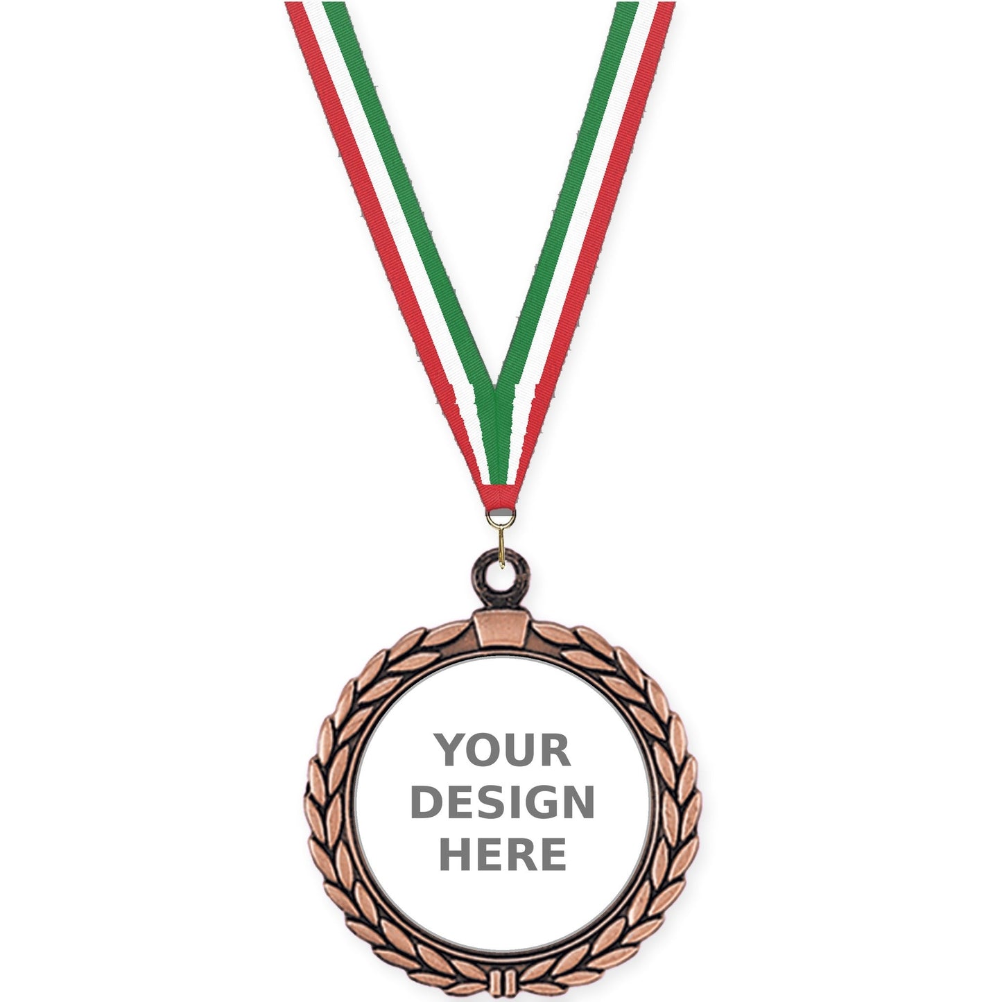 2 1/2 inch Laurel Wreath insert medal in antique bronze with Red White Green neck ribbon