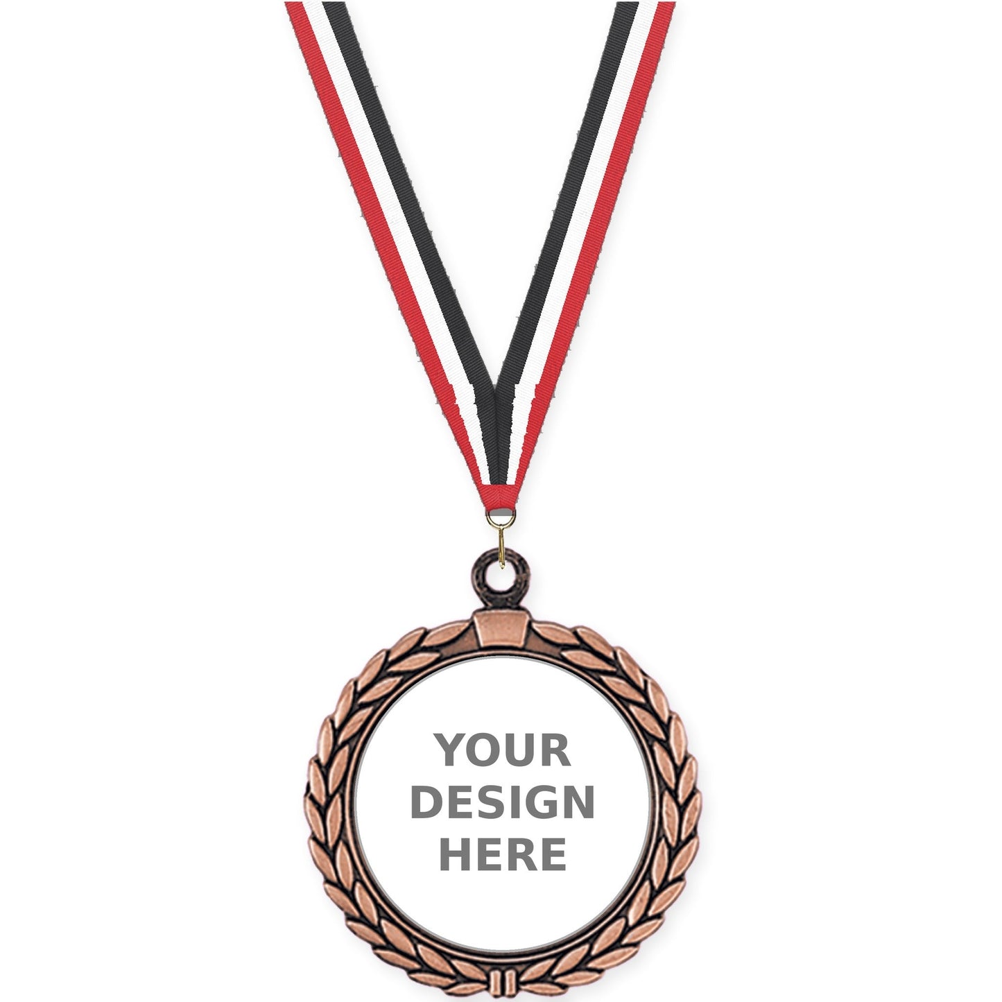2 1/2 inch Laurel Wreath insert medal in antique bronze with Red White Black neck ribbon