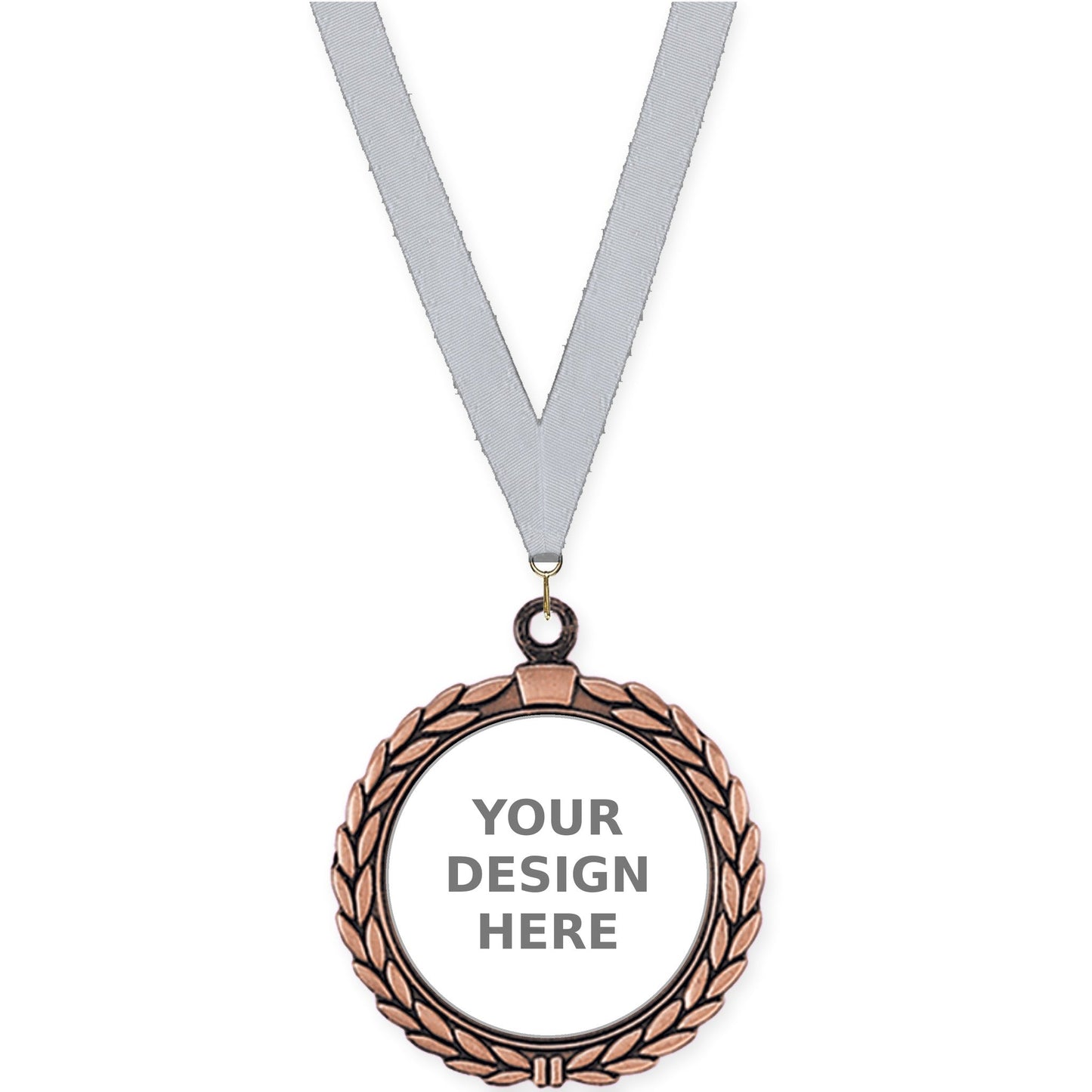 2 1/2 inch Laurel Wreath insert medal in antique bronze with Silver Metallic neck ribbon