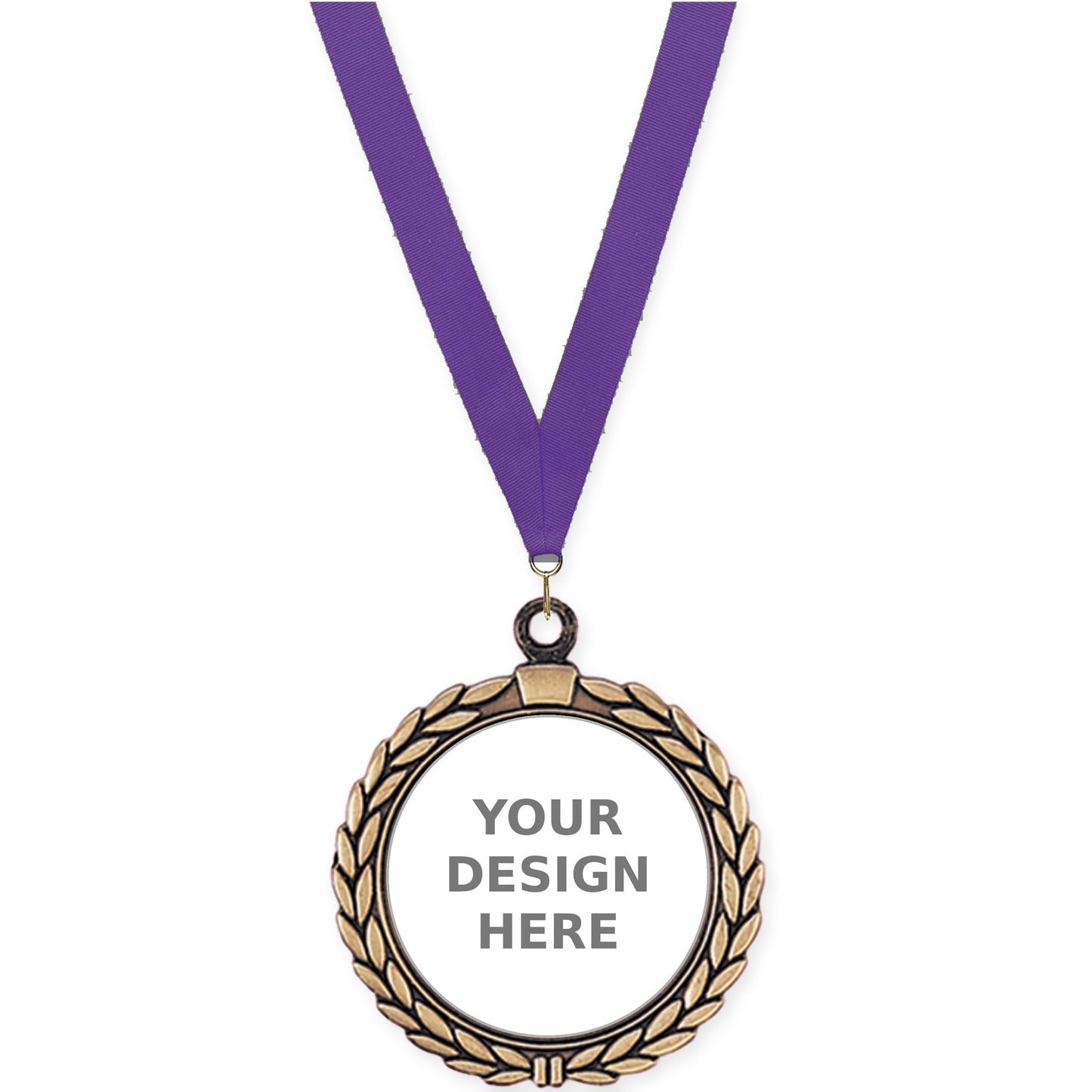 2 1/2 inch Laurel Wreath insert medal in antique gold with Purple neck ribbon