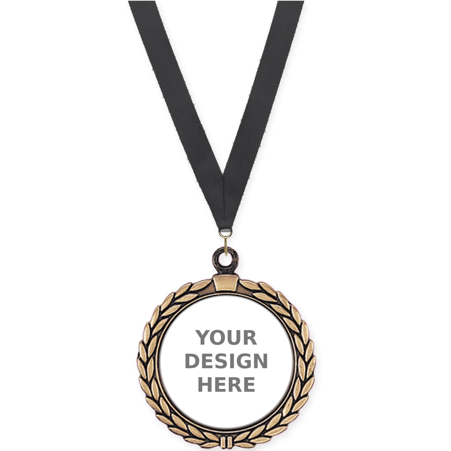 2 1/2 inch Laurel Wreath insert medal in antique gold with Black neck ribbon
